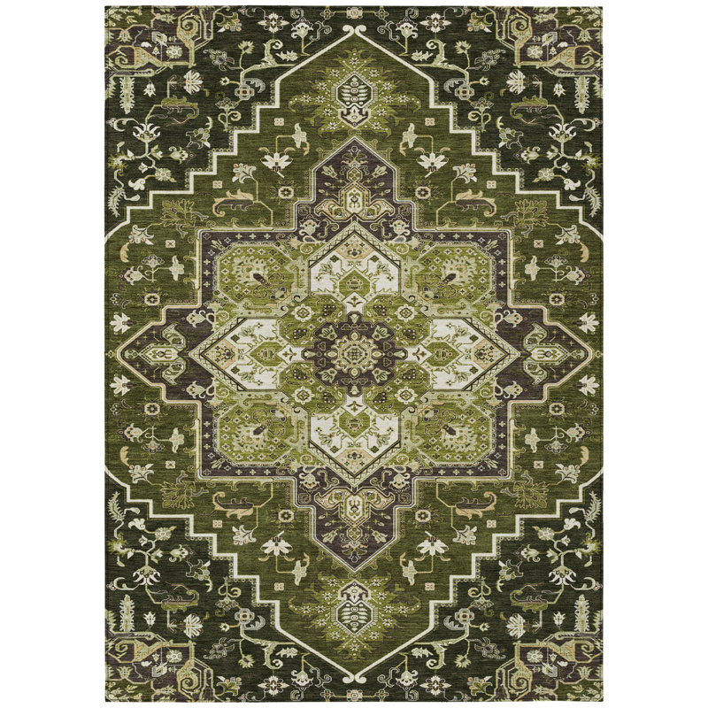 Tapis d'intérieur lavable oriental vert olive 8 pi x 10 pi HomeRoots