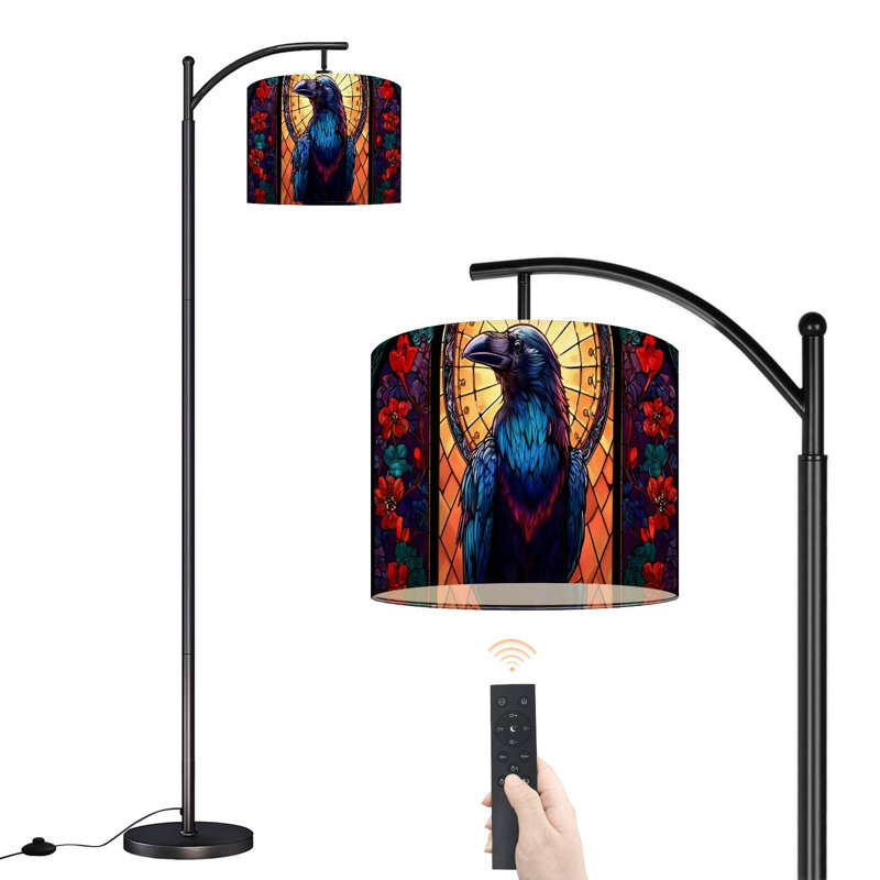 Arc Floor Lamp with Adjustable Lampshade Raven Feathers Sunlight Floral Fantasy Majestic Standing Lamp 3 Colour Temperatures Dimmable Tall Pole Lamp with Foot Switch for Bedroom