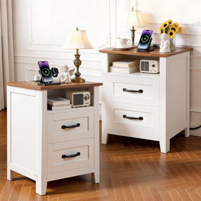 Tables de chevet de style ferme, ensemble de 2, tables d'appoint avec 2 tiroirs et une étagère ouverte, meubles de rangement de chevet, tables d'appoint rustiques avec port USB, salon, blanc, avec station de recharge