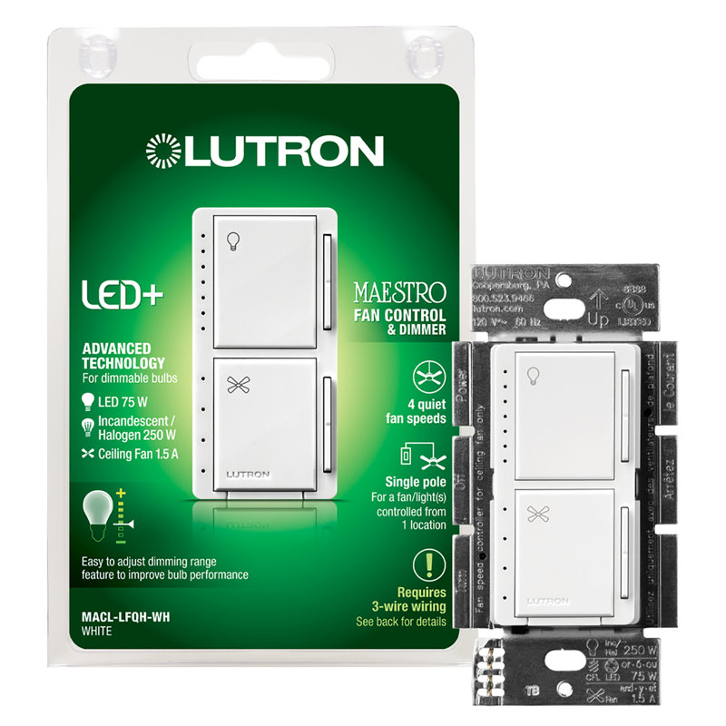 Lutron Maestro White Single Pole Fan and LED Dimmer Switch