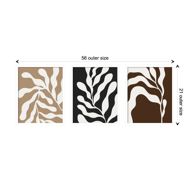 Retro Matisse Inspired Abstract Botanical - 3 Pieces by Erminia, 56" W x 21" H, White