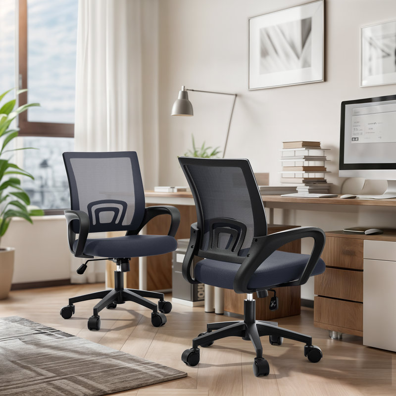 Chaise de bureau ergonomique à dossier moyen en filet avec accoudoirs et support lombaire Pierfranca, Gris