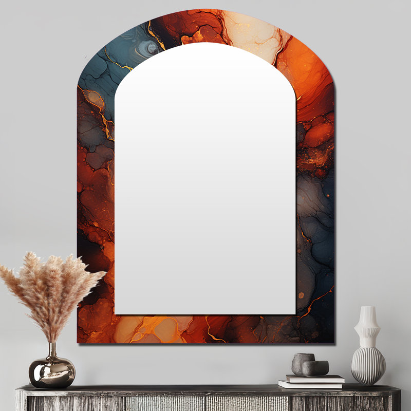 Molten Muse Fiery Flame I - Liquid Ink Arch Wall Mirror, Orange Asymmetrical Decorative Mirror, Printed Metal Art, 43" x 33"