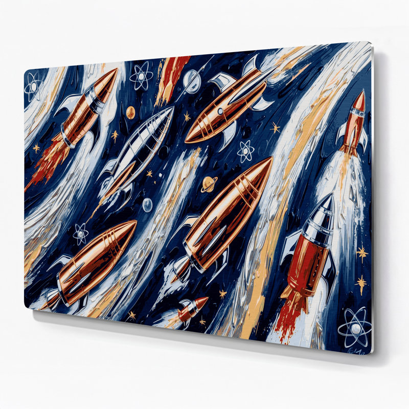 Space Retro rocket designs Blue Metal Wall Art, 144" H x 216" W x 0.05" D