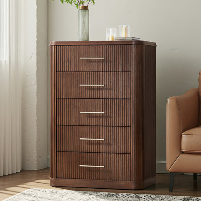 Graciana Modern 54.25" Fluted 5-Drawer Chest Oak Grain Finish with Solid Wood Base