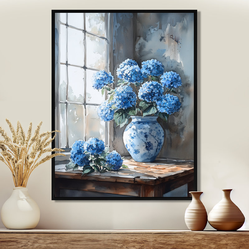 Hortensias dans une nature morte scène II - hydrangées, art mural, H 20 po x l 12 po, Impression encadrée sans passe-partout