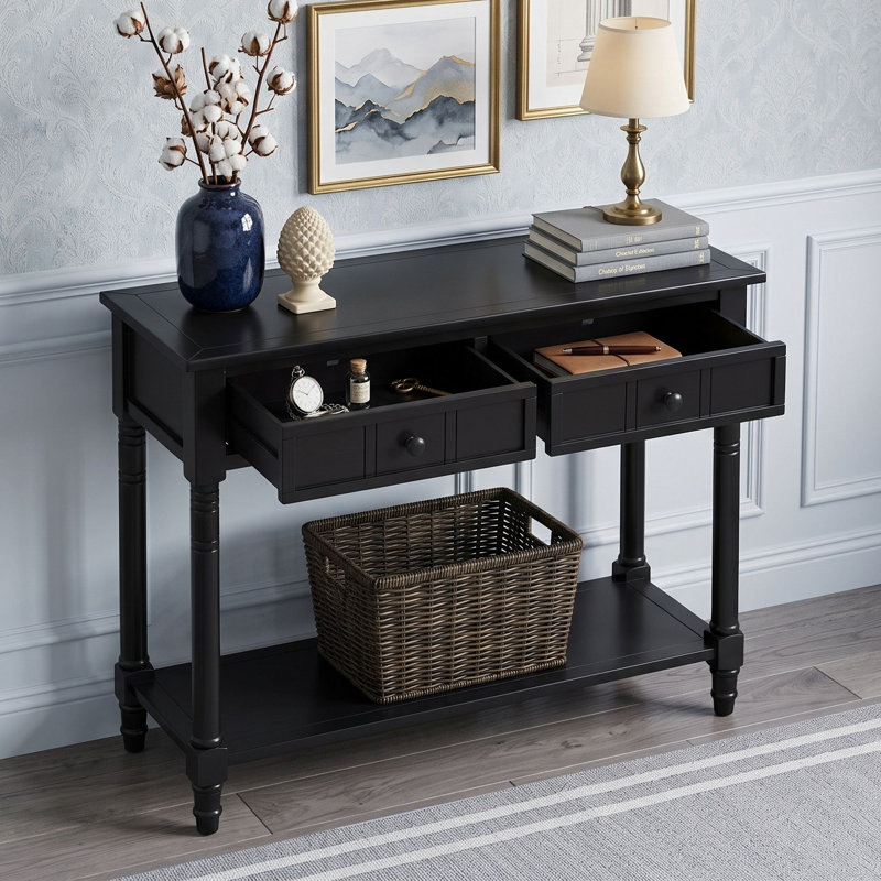 Console en bois avec 2 tiroirs et tablette inférieure, Noir