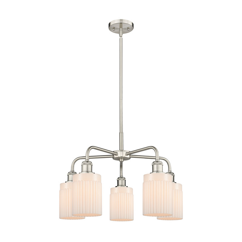 Lustre cylindrique à 5 lumières en acier à intensité variable Neco, Nickel satiné, Blanc mat