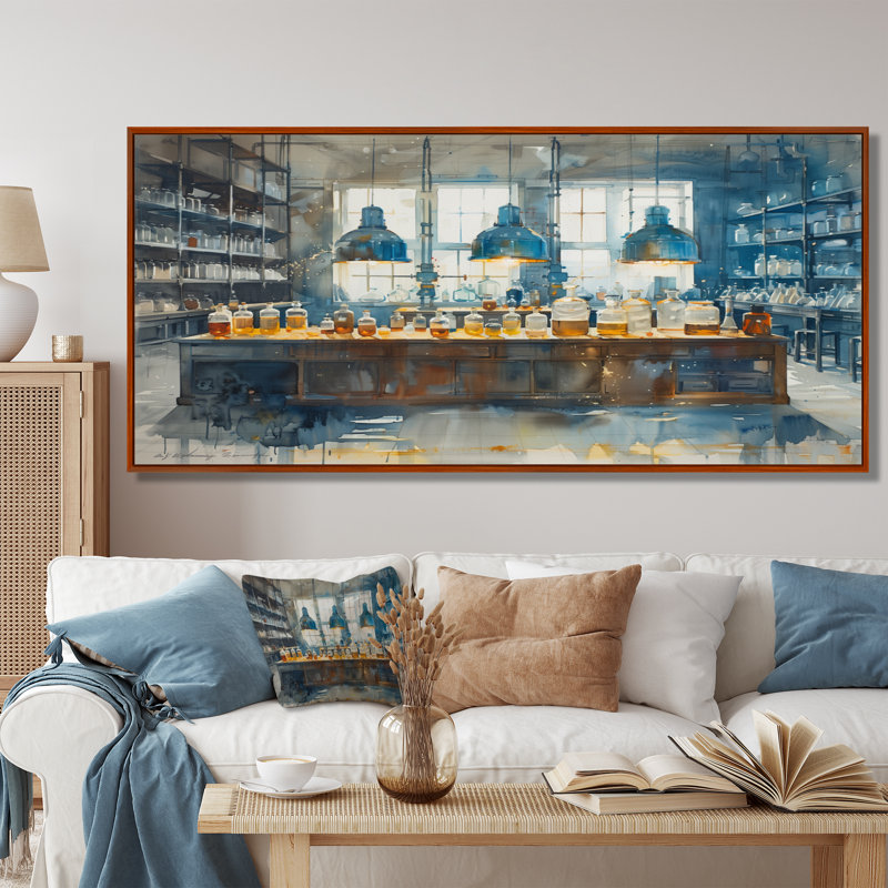 Salon d'art mural bleu et jaune, Cadre flottant brun, 28" H x 60" W