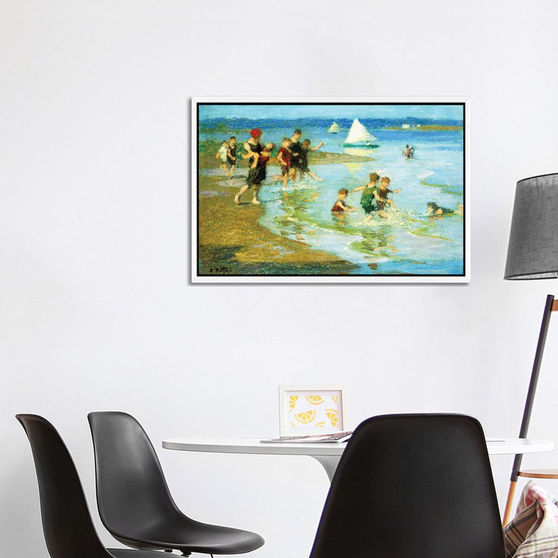Children At Play On The Beach, by Edward Henry Potthast - Painting on Canvas, White Framed, 66.04cm H x 101.6cm W x 3.81cm D