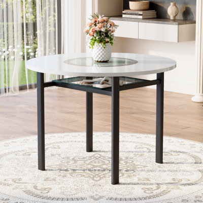 Table de salle à manger 42 "ronde avec incrustation en verre gris - Table de cuisine blanc mat avec tablette de rangement en verre et support en métal noir stable (4 à 6 places)