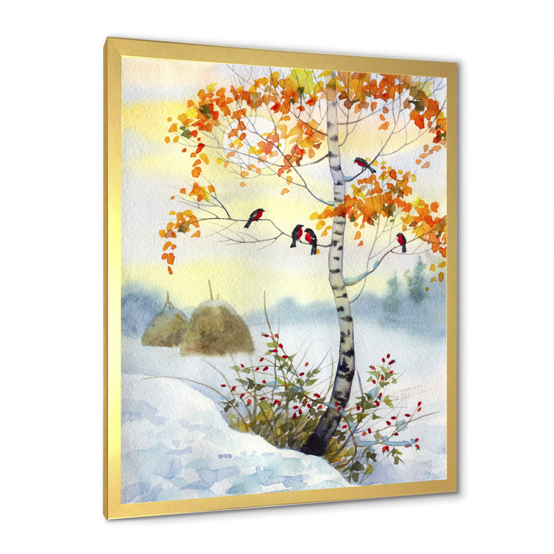 Bouvreuil sur le bouleau d'hiver - Peinture, H 36 po x l 24 po x P 1 po, Cadre photo doré