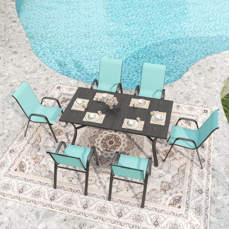 Ensemble de salle à manger d'extérieur 7 pièces avec table rectangulaire en métal à grain de bois et 6 chaises ergonomiques, conception imperméable et antirouille