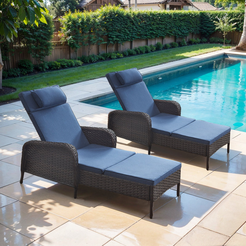 Dahlyla Outdoor Reclining Chaise Lounge Chairs with Cushions(Set of 2), Blue, Brown