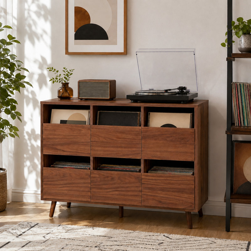 Support pour tourne-disque de 44 pouces avec armoire de rangement pour 6 disques vinyle