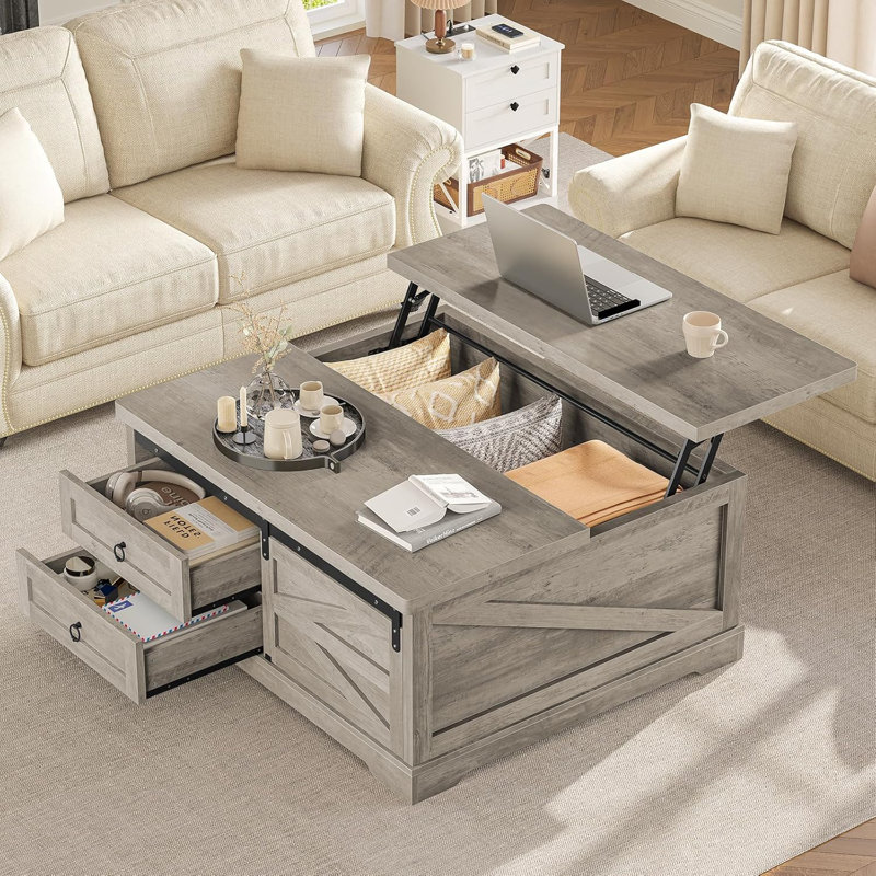 Table basse à plateau relevable de 39,4 po avec rangement, tables basses de ferme pour le salon, Gris, Gris