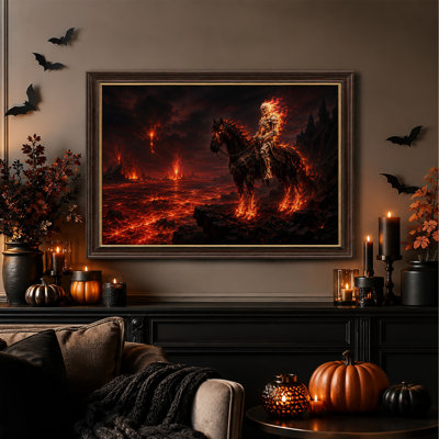 Cavalier squelette enflammé sur un cheval noir dans une toile murale volcanique pour l'Halloween