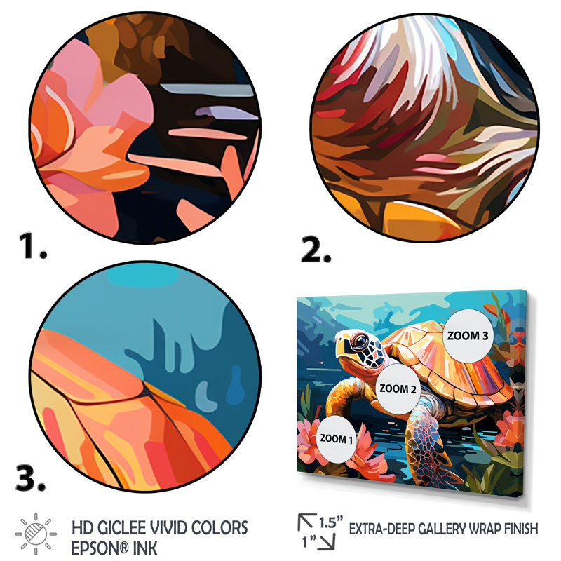 Pop Art Curious Turtle Aquatic I - Tortue, art mural animal, Cadre de coin blanc fermé, H 34 po x l 44 po x P 1,5 po