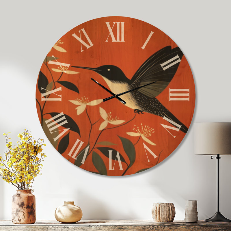 Horloge murale moderne surdimensionnée « Colibri mandarine audacieux », imprimée sur bois, Extra Large