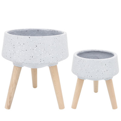 Pot à fleurs gris avec support en bois, 11 x 11 x 8 po / 15 x 15 x 10 po, pour porche avant et patio, pieds en bois de 11/15 po, salon polyvalent, chambre à coucher, jardin