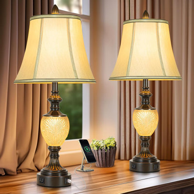 27'' High Vintage Table Lamp Set Of 2 For Living Room Farmhouse Bedside Lamp With Fabric Shades Boho Nightstand Lamp With USB And Nightlight For Bedroom Home Office Hotel Bar (Led Bulb Included)
