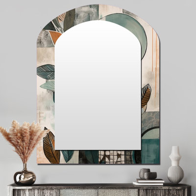 Orange et vert abstrait Bohemia I - miroir décoratif en plumes Boho, grand miroir mural asymétrique traditionnel, impression d'art en métal