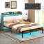Bed Frame w/LED Light & Charging Station Heavy Duty Metal Platform Bed-1822887370