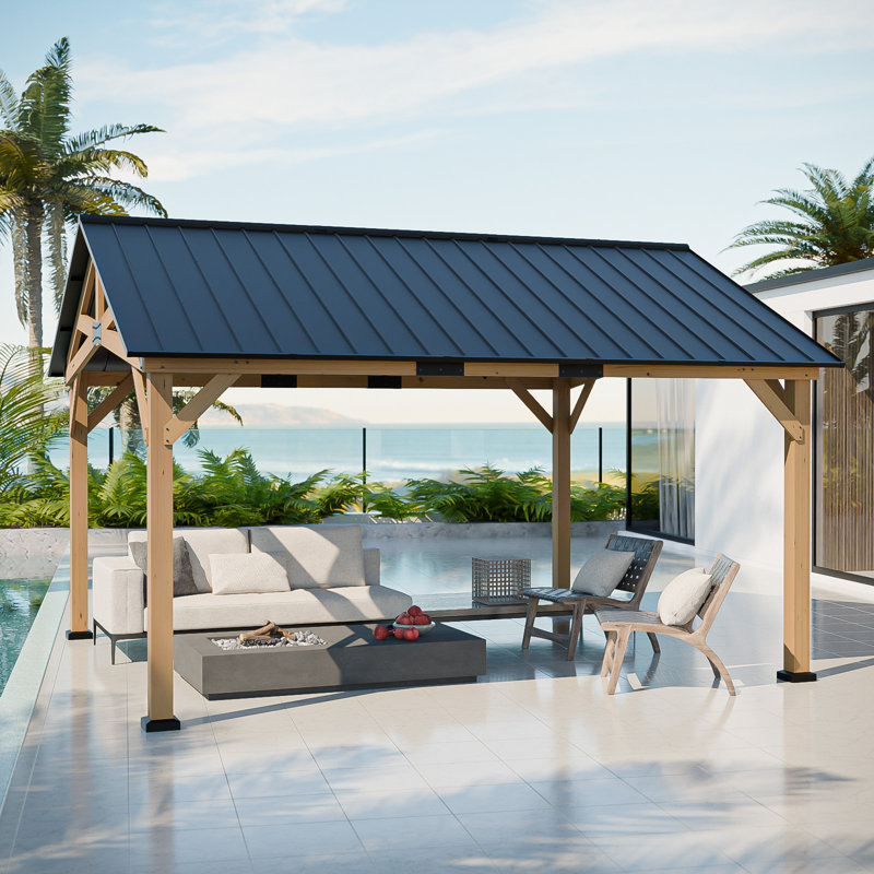 13x15 Solid Wood Patio Gazebo, Patio Galvanized Steel Hardtop Gazebo, 120" H x 156" W x 180" D