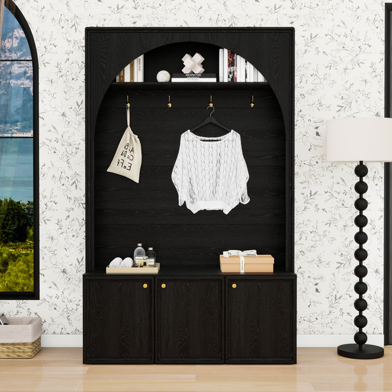 Wooden Hall Tree with Storage Bench, Cabinets, Hooks and Adjustable Shelving, Black