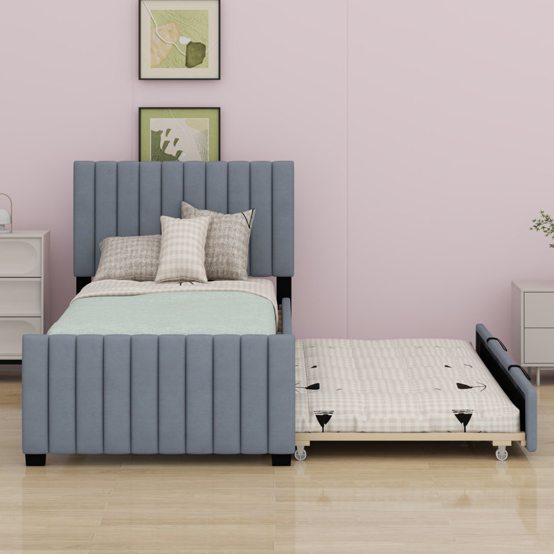 Upholstered Platform Bed With Trundle, Gray