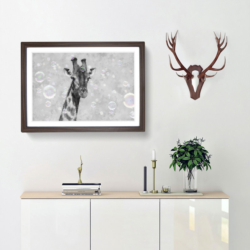 Giraffe Through The Bubbles - Single Picture Frame Painting on MDF, Walnut Framed, 24cm H x 33cm W x 2cm D