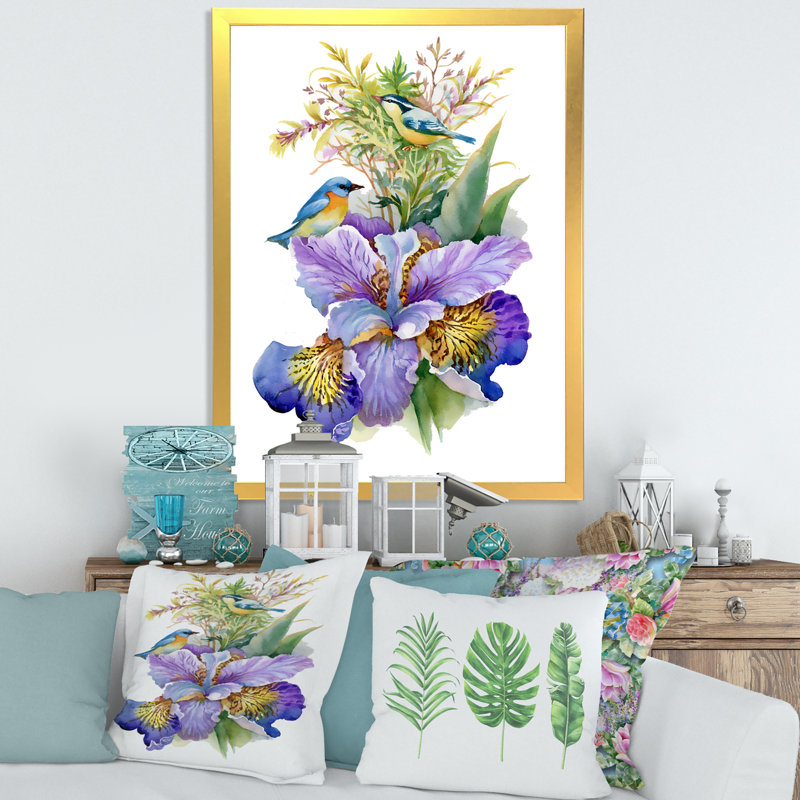 Iris mauve avec oiseaux - Peinture sur toile, H 20 po x l 12 po x P 1po, Cadre doré