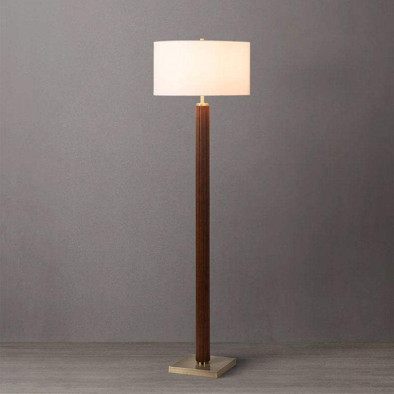 Dark Walnut and Brass Floor Lamp with White Linen Shade