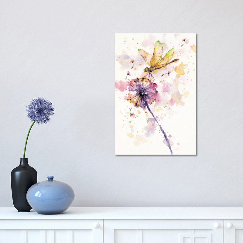 Dragonfly And Dandelion by Sillier Than Sally - Wrapped Canvas Painting, 30.48 cm H x 45.72 cm W