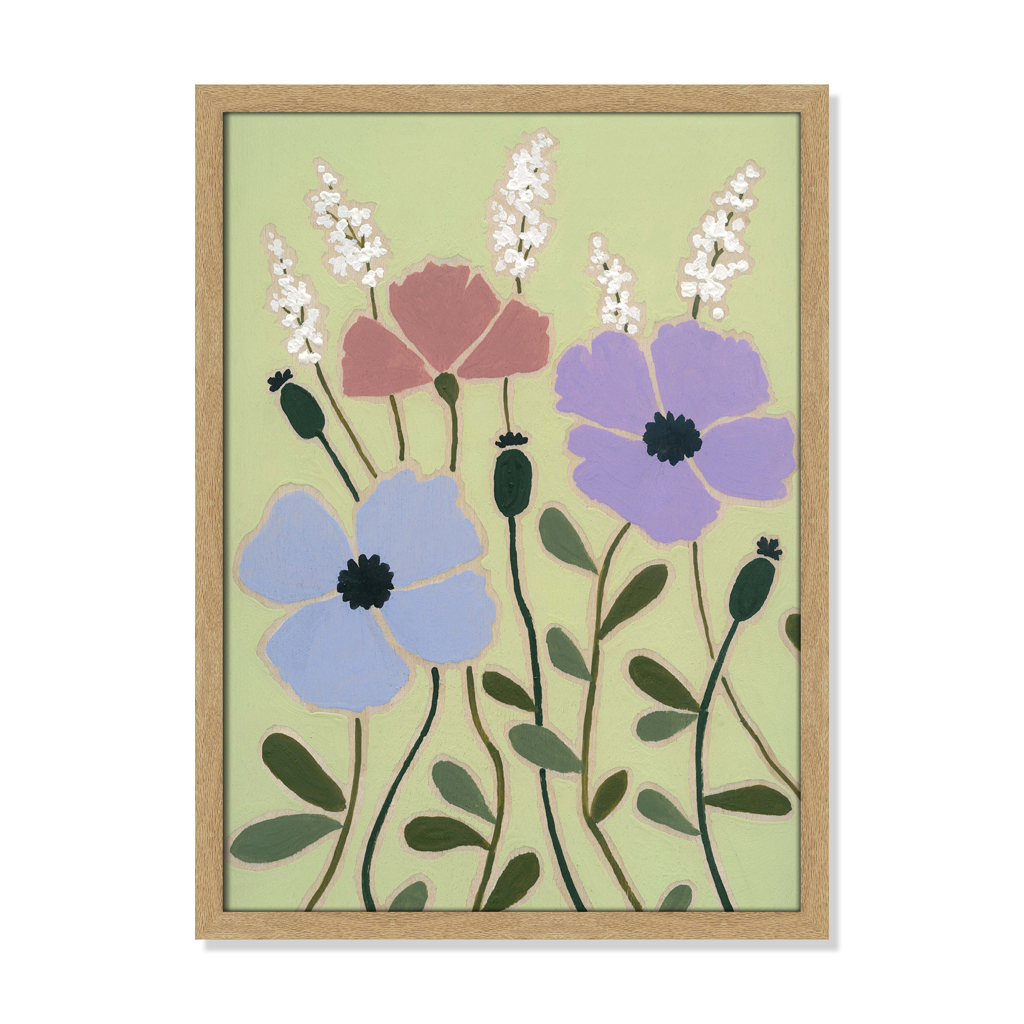 Woodblock Floral III by - Single Picture Frame Print, 23" H x 17" W x 1.25" D, Natural Framed