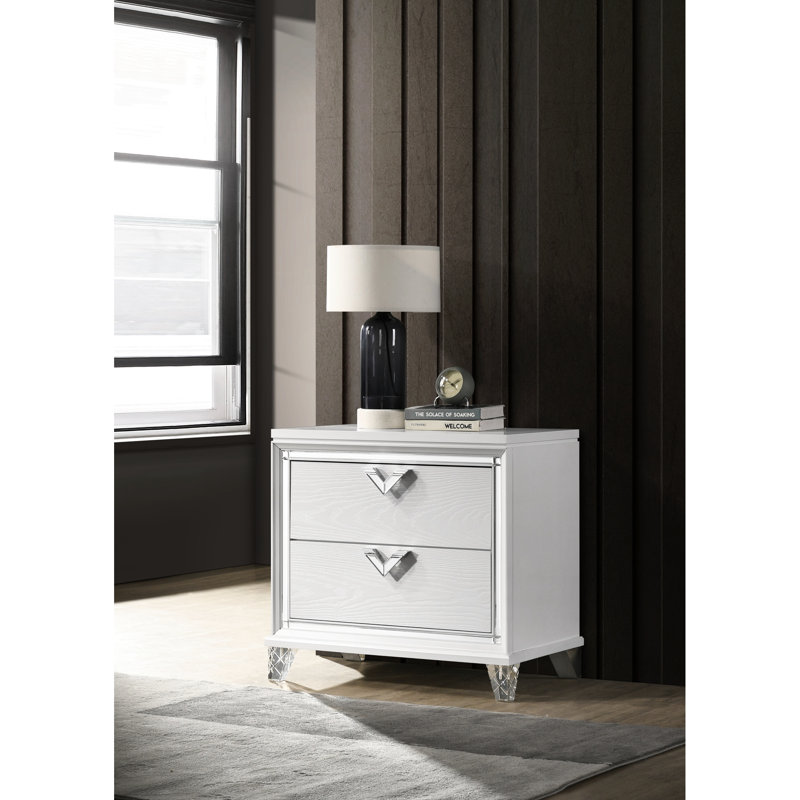 Table de chevet blanche 2 avec DEL et V distinctif pour la chambre à coucher - 2 tiroirs de style moderne, dans un style élégant