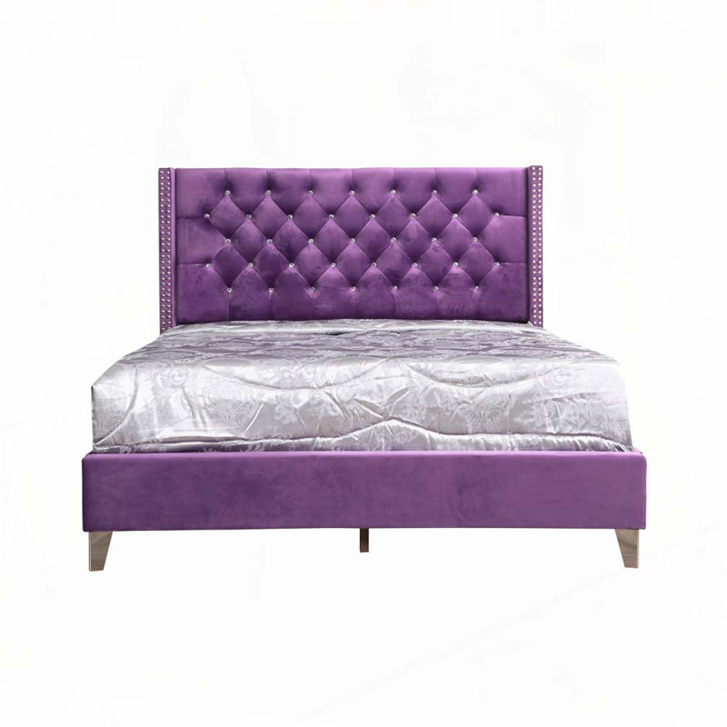 Lit rembourré en velours avec tête de lit capitonnée, Mauve, Lit double
