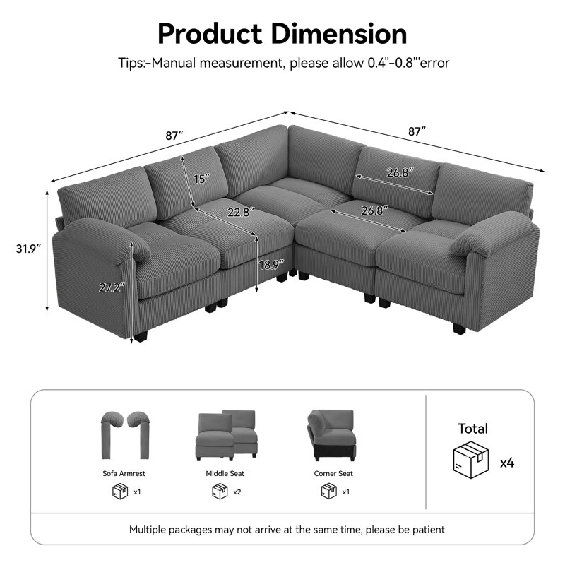 Canapé modulaire 5 places avec accoudoirs coussinés, Chenille grise
