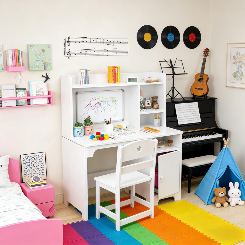 Kids Desk & Chair Set with Hutch, Storage Cabinet for Bedroom & Study Room, White