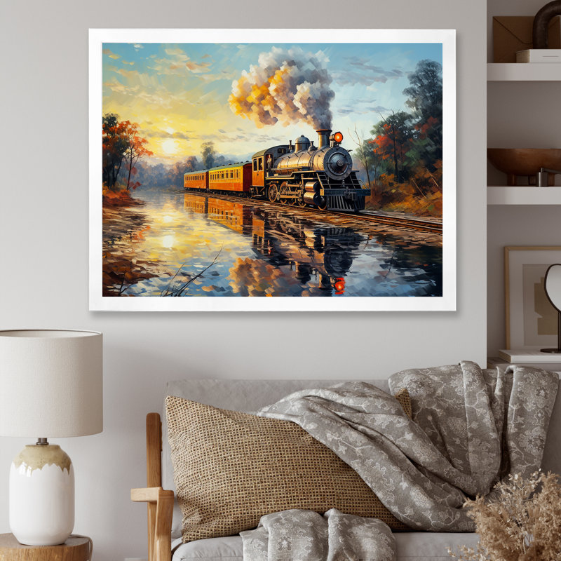Peinture d'un train à vapeur au coucher du soleil, Cadre simple blanc, H 16 po x l 32 po x P 1 po
