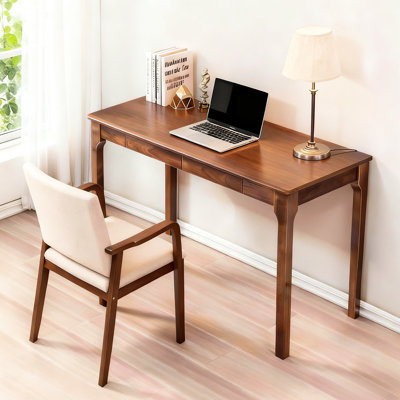 Solid Wood Desk With Double Drawer Storage, Standing Smooth Edges, Mid Century Modern For Small Spaces In Home Office, Walnut, 46.94''*22.14''*29.51' Drawers And Ideal Study, Bedroom, Living Room,
