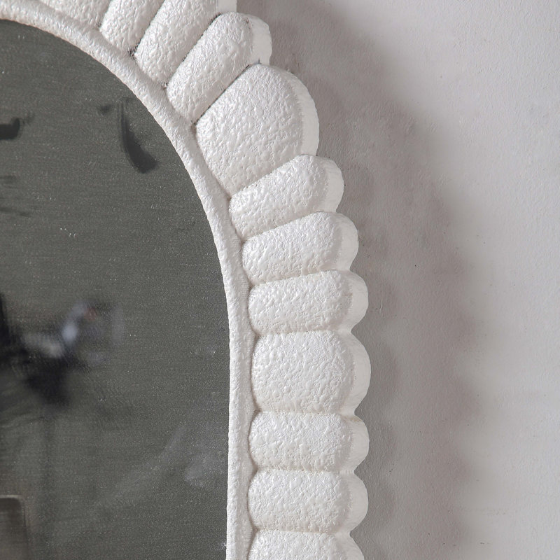 24"x36" Oval Scalloped Wall Mirror, White Textured MDF Framed Silver Bathroom Vanity Mirror, Wabi-Sabi Petal Frame Decorative Wall Mirror, Vertical Mount Easy Installation