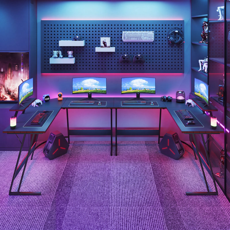 Bureau d'ordinateur en forme de L avec grand support pour écran Sherri, Noir, noir, noir, noir