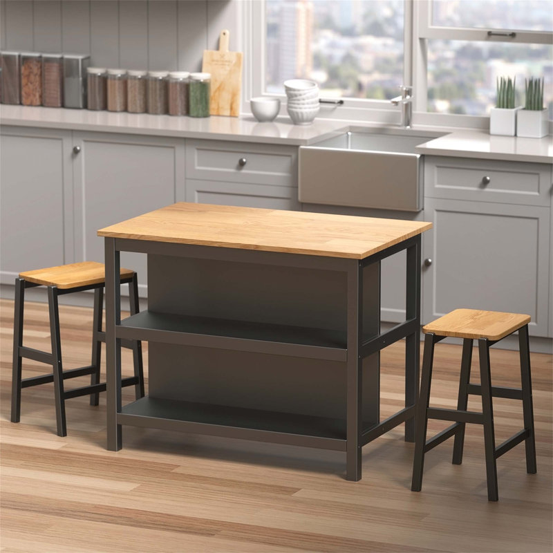 3 Pieces Dining Table Sets, with Fixed Table, Black