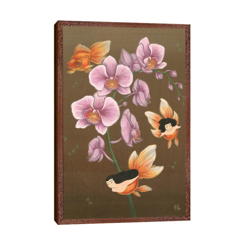 Goldfish Mermaids Spring Orchids 1 Piece Wall Art on Canvas, 101.6 cm H x 66.04 cm W, Classic Brown Wood Framed