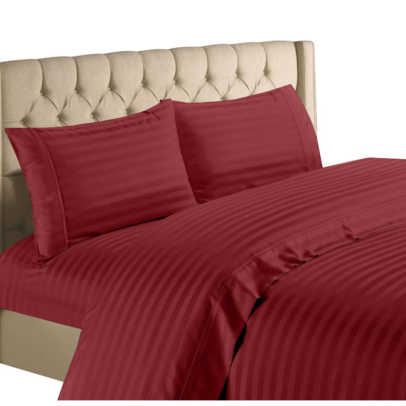 Ensemble de draps en coton de qualité égyptienne 600 fils, Très grand + deux taies d'oreiller très grandes, Burgundy Stripe