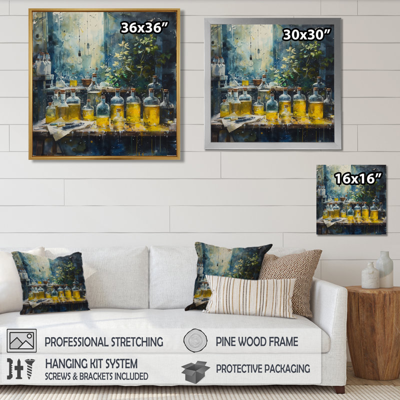 Art mural bleu et jaune, laboratoire de recherche chimique II - Laboratoires, Encadrement argenté, H 30 po x l 30 po x P 1 po
