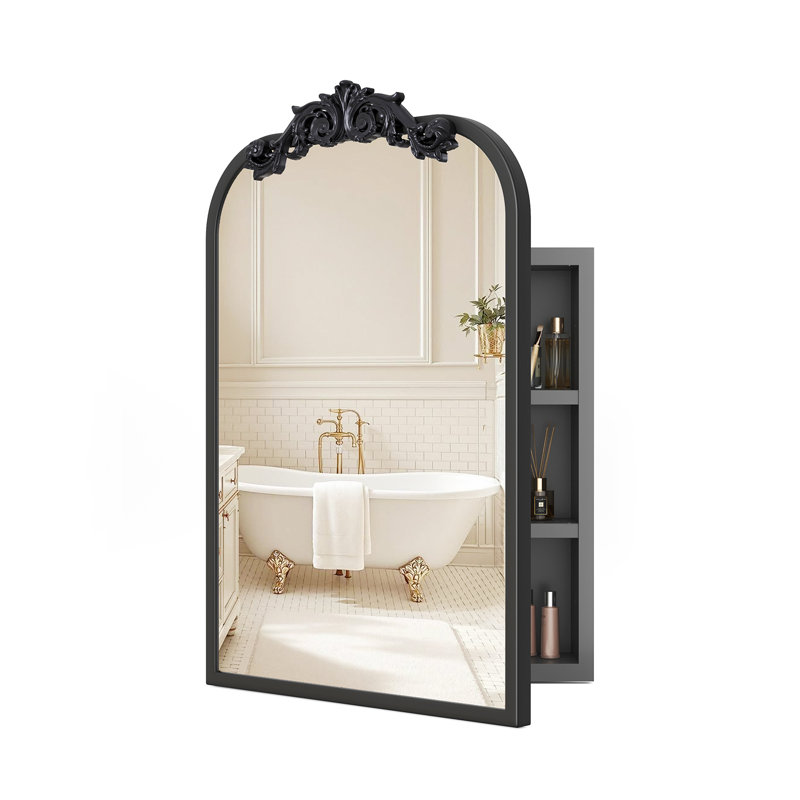 16"x24" Vintage Arched Medicine Cabinet with Mirror,Wall Mounted Bathroom Storage with Recessed/Surface Mount Options, Baroque Retro Design, Black Metal Frame