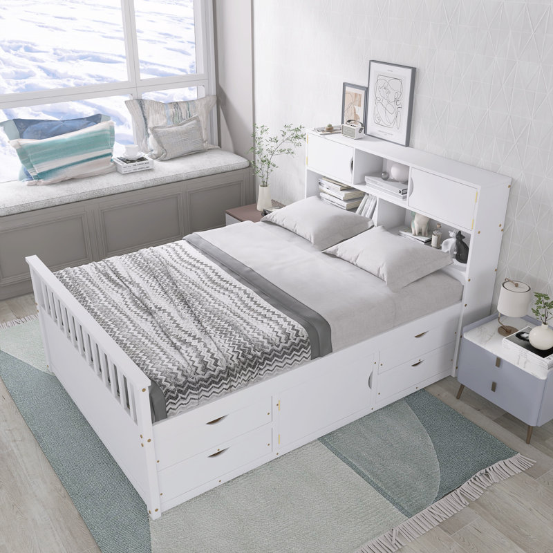 Full Size Platform Bed With Storage Bookcases & 4 Drawers, White