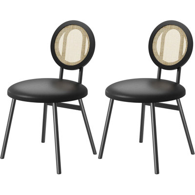 Ensemble de chaises de salle à manger rembourrées Modern | Dossier en rotin de canne, sièges rembourrés épais, pieds ergonomiques en métal, peu encombrant pour la salle à manger de la cuisine, paquet de 2 noir